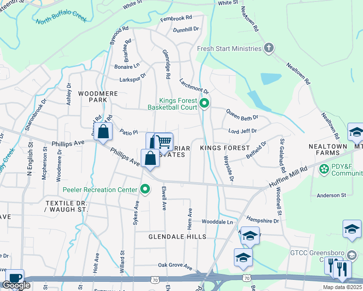 map of restaurants, bars, coffee shops, grocery stores, and more near 1202 Haverhill Drive in Greensboro