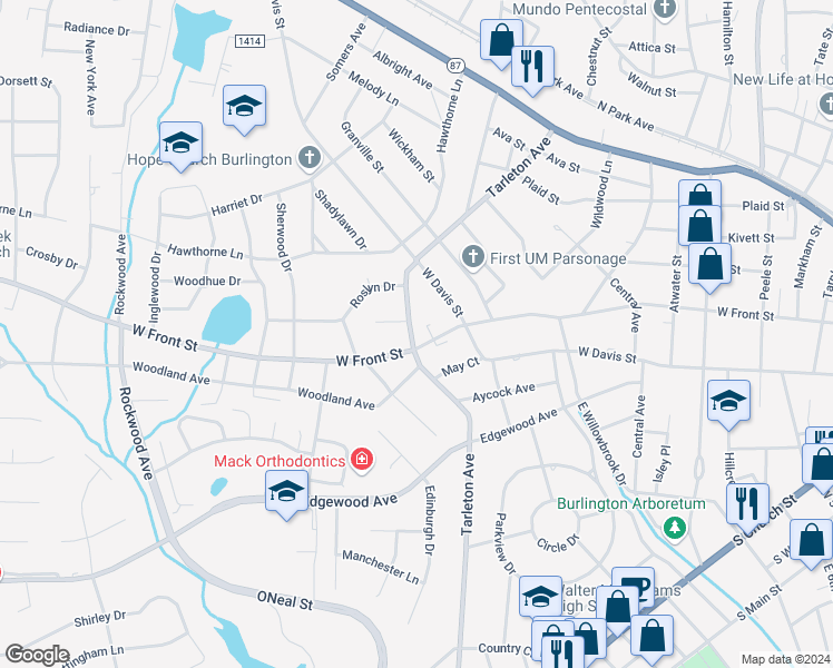 map of restaurants, bars, coffee shops, grocery stores, and more near 1007 Tarleton Avenue in Burlington