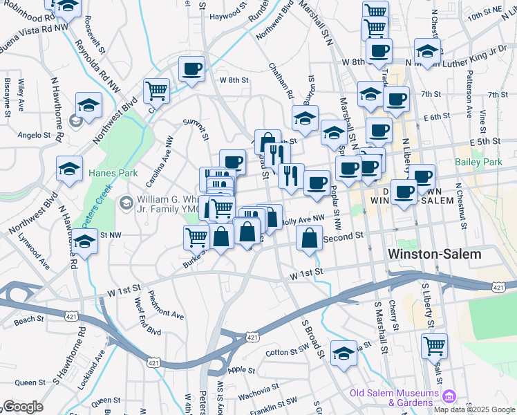 map of restaurants, bars, coffee shops, grocery stores, and more near 810 West 4th Street in Winston-Salem