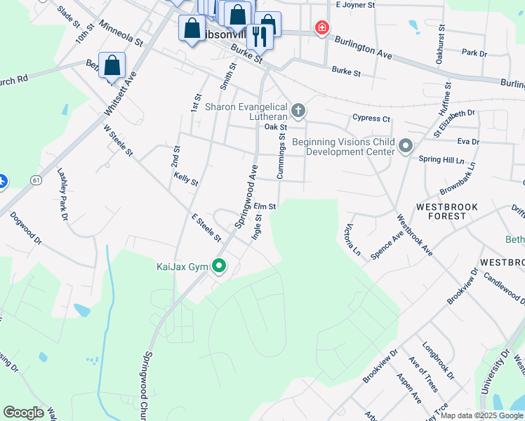 map of restaurants, bars, coffee shops, grocery stores, and more near 801 Ingle Street in Gibsonville