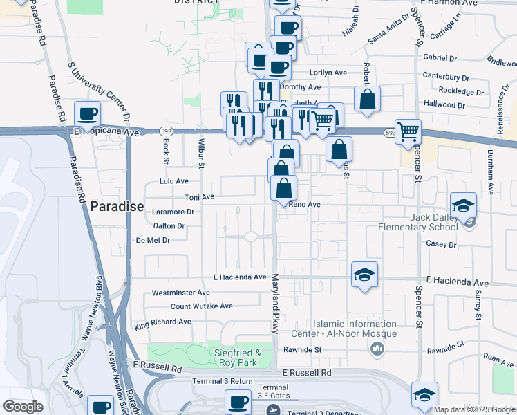 map of restaurants, bars, coffee shops, grocery stores, and more near 5107 Garden Lane in Las Vegas