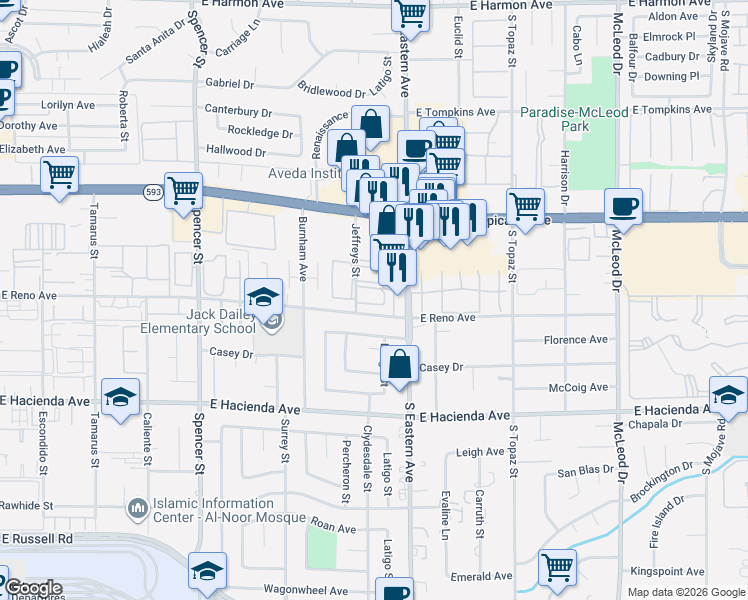 map of restaurants, bars, coffee shops, grocery stores, and more near 5078 Jeffreys Street in Las Vegas