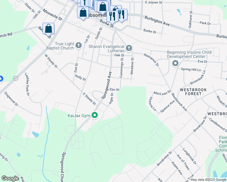 map of restaurants, bars, coffee shops, grocery stores, and more near 801 Ingle Street in Gibsonville