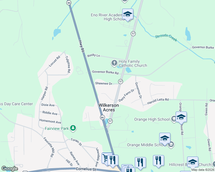 map of restaurants, bars, coffee shops, grocery stores, and more near 205 Shawnee Drive in Hillsborough