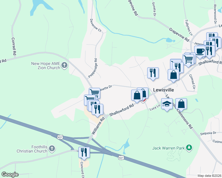map of restaurants, bars, coffee shops, grocery stores, and more near 270 Belnette Drive in Lewisville