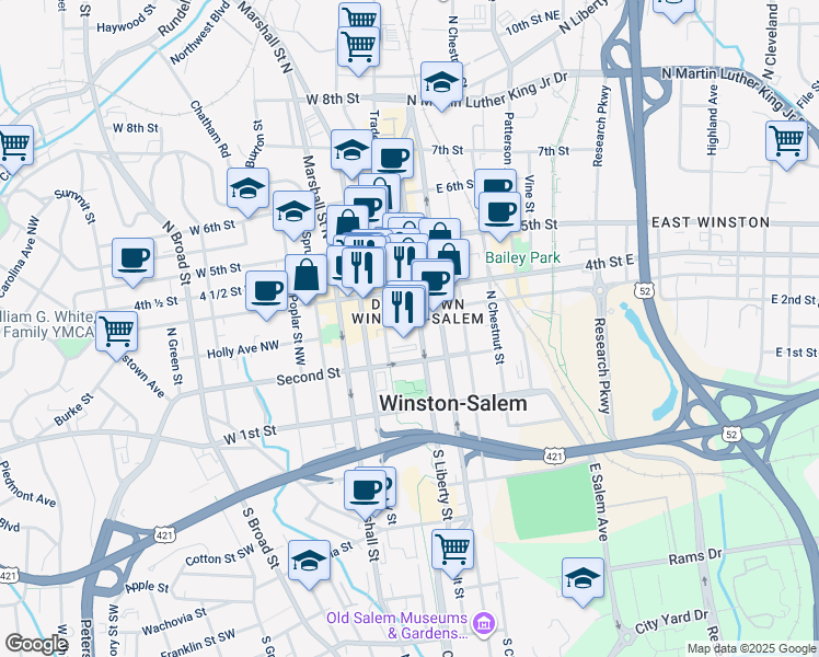map of restaurants, bars, coffee shops, grocery stores, and more near in Winston-Salem