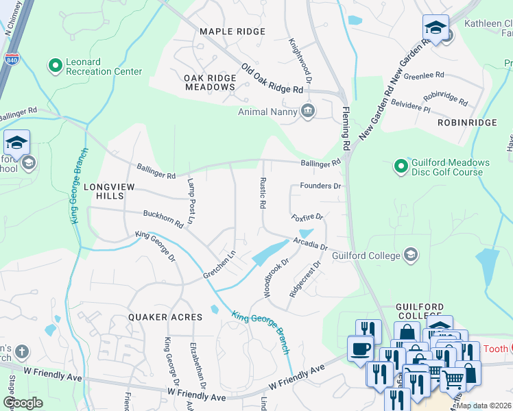 map of restaurants, bars, coffee shops, grocery stores, and more near 1115 Rustic Road in Greensboro