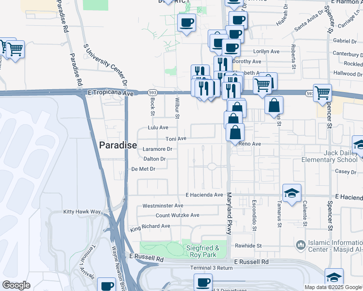 map of restaurants, bars, coffee shops, grocery stores, and more near 5108 Wilbur Street in Las Vegas