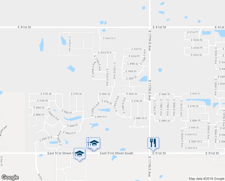 map of restaurants, bars, coffee shops, grocery stores, and more near 4453 South 172nd East Avenue in Tulsa