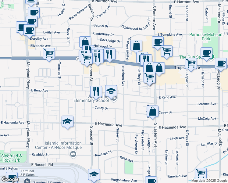 map of restaurants, bars, coffee shops, grocery stores, and more near 5090 Reno Court in Las Vegas