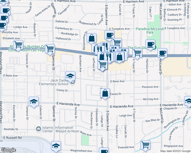 map of restaurants, bars, coffee shops, grocery stores, and more near 5086 Jeffreys Street in Las Vegas