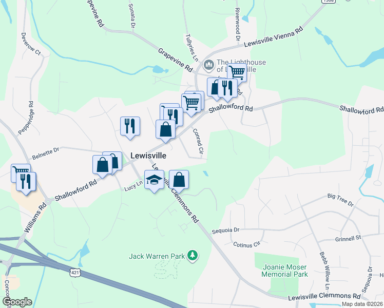 map of restaurants, bars, coffee shops, grocery stores, and more near 185 Conrad Circle in Lewisville