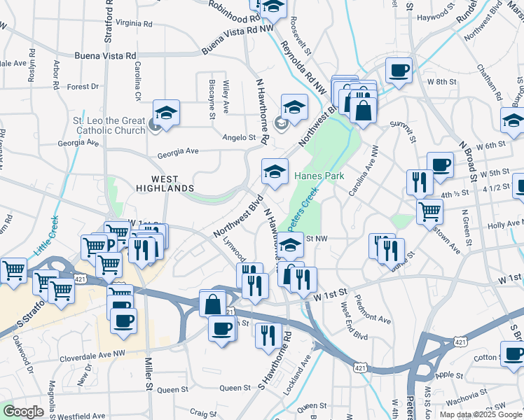 map of restaurants, bars, coffee shops, grocery stores, and more near 210 Hawthorne Road Northwest in Winston-Salem