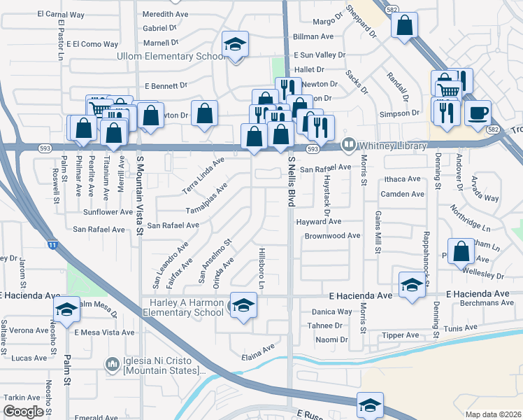 map of restaurants, bars, coffee shops, grocery stores, and more near 4955 Orinda Circle in Las Vegas