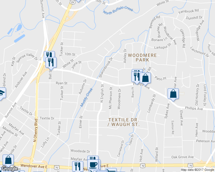 map of restaurants, bars, coffee shops, grocery stores, and more near 1906 Phillips Avenue in Greensboro