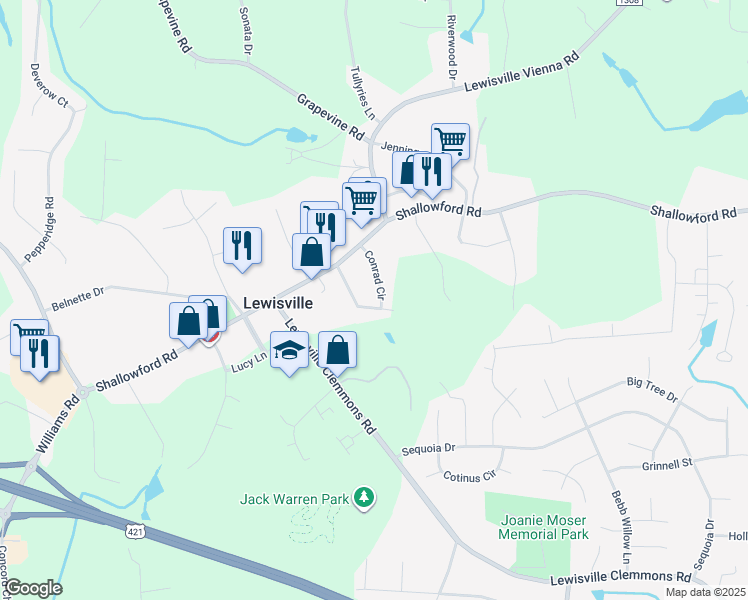map of restaurants, bars, coffee shops, grocery stores, and more near 185 Conrad Circle in Lewisville