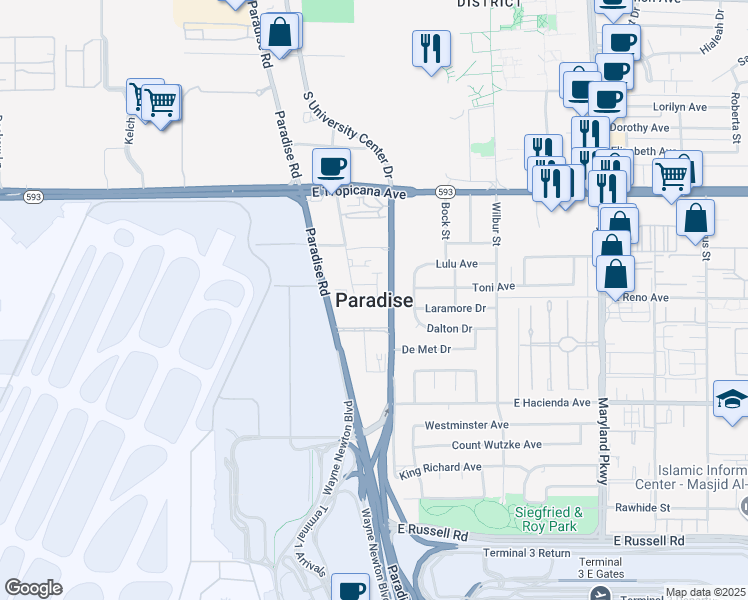 map of restaurants, bars, coffee shops, grocery stores, and more near in Paradise
