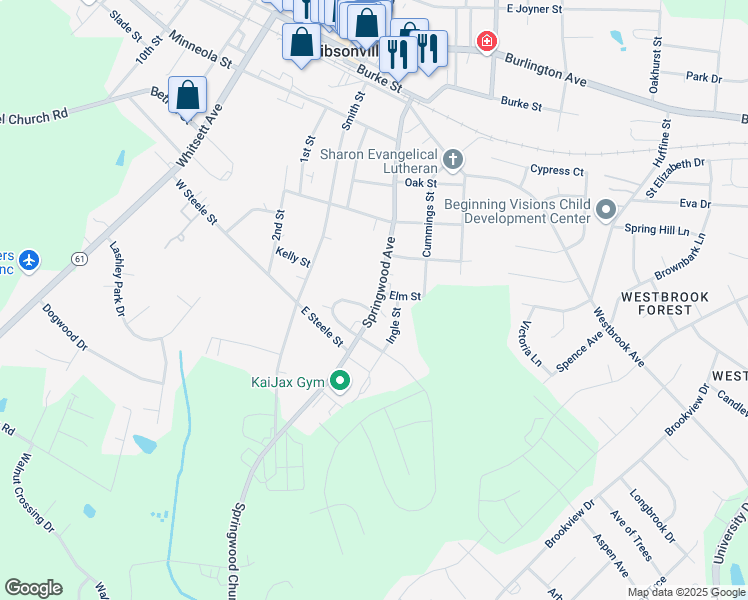 map of restaurants, bars, coffee shops, grocery stores, and more near 801 Springwood Avenue in Gibsonville