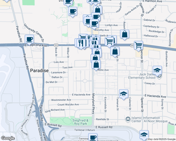 map of restaurants, bars, coffee shops, grocery stores, and more near 1127 Toni Avenue in Las Vegas