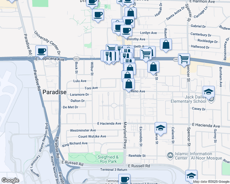 map of restaurants, bars, coffee shops, grocery stores, and more near 1127 Toni Avenue in Las Vegas