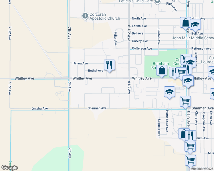 map of restaurants, bars, coffee shops, grocery stores, and more near 2600B Olympic Avenue in Corcoran