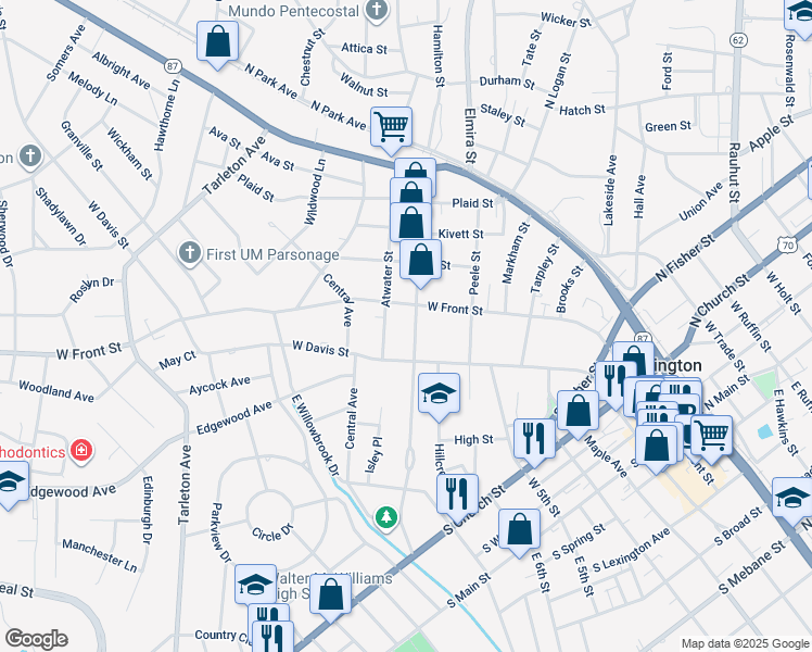 map of restaurants, bars, coffee shops, grocery stores, and more near 808 West Front Street in Burlington