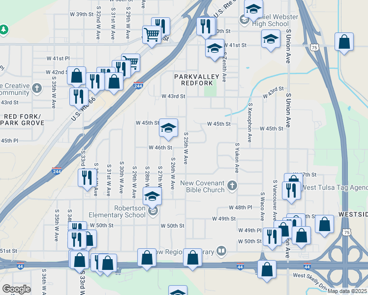 map of restaurants, bars, coffee shops, grocery stores, and more near 2515 West 46th Street in Tulsa