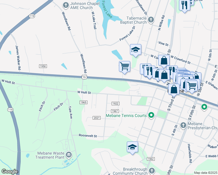 map of restaurants, bars, coffee shops, grocery stores, and more near 708 West Holt Street in Mebane