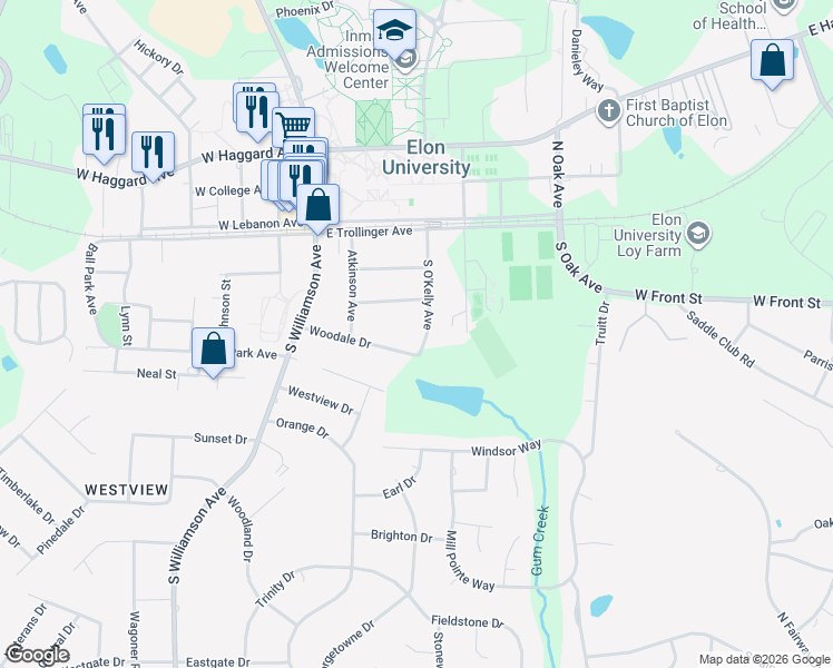 map of restaurants, bars, coffee shops, grocery stores, and more near 306 South O'Kelly Avenue in Elon