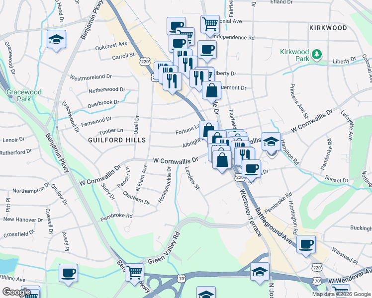 map of restaurants, bars, coffee shops, grocery stores, and more near 2318 Albright Drive in Greensboro