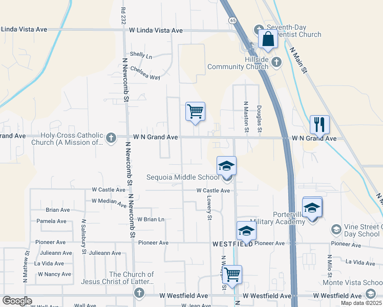 map of restaurants, bars, coffee shops, grocery stores, and more near in Porterville