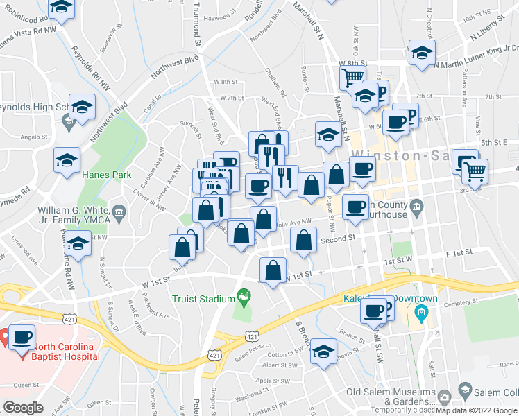 map of restaurants, bars, coffee shops, grocery stores, and more near 801 West 4th Street in Winston-Salem