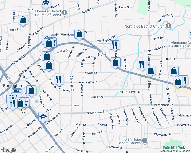 map of restaurants, bars, coffee shops, grocery stores, and more near 110 South Saint John Street in Burlington