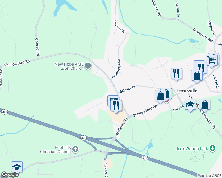 map of restaurants, bars, coffee shops, grocery stores, and more near 6890 Shallowford Road in Lewisville