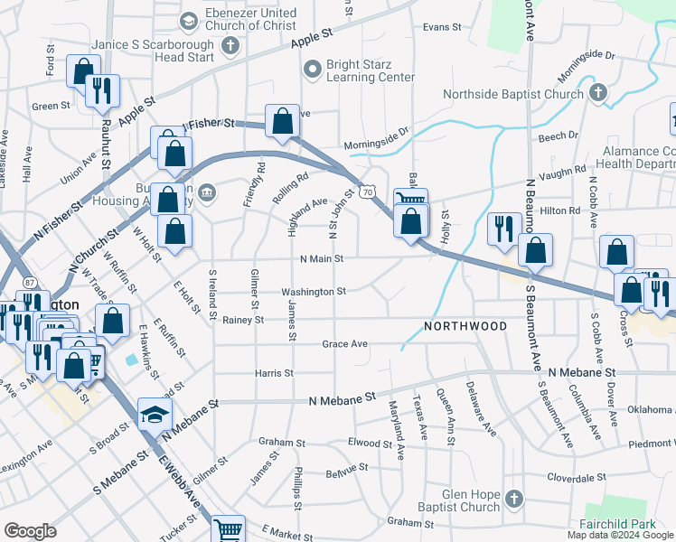 map of restaurants, bars, coffee shops, grocery stores, and more near 110 South Saint John Street in Burlington