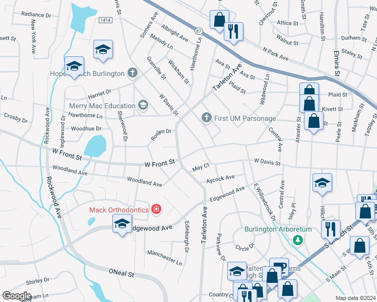map of restaurants, bars, coffee shops, grocery stores, and more near 1417 West Front Street in Burlington