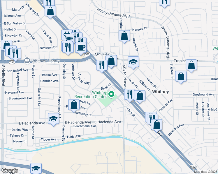 map of restaurants, bars, coffee shops, grocery stores, and more near 5657 Bend Street in Las Vegas