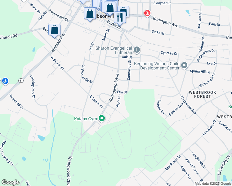 map of restaurants, bars, coffee shops, grocery stores, and more near 801 Springwood Avenue in Gibsonville