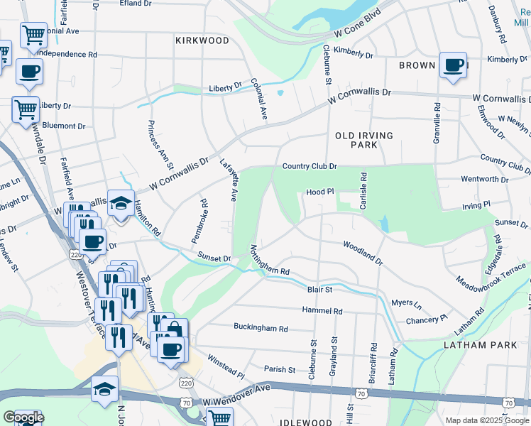 map of restaurants, bars, coffee shops, grocery stores, and more near 1612 Nottingham Road in Greensboro