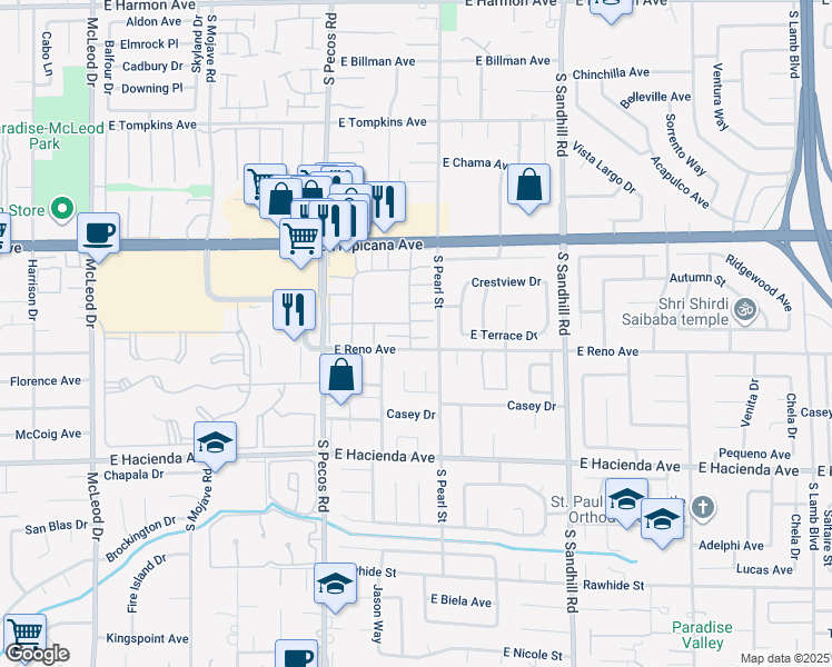 map of restaurants, bars, coffee shops, grocery stores, and more near 3668 Villa Knolls East Drive in Las Vegas