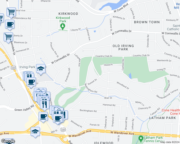 map of restaurants, bars, coffee shops, grocery stores, and more near 1612 Nottingham Road in Greensboro