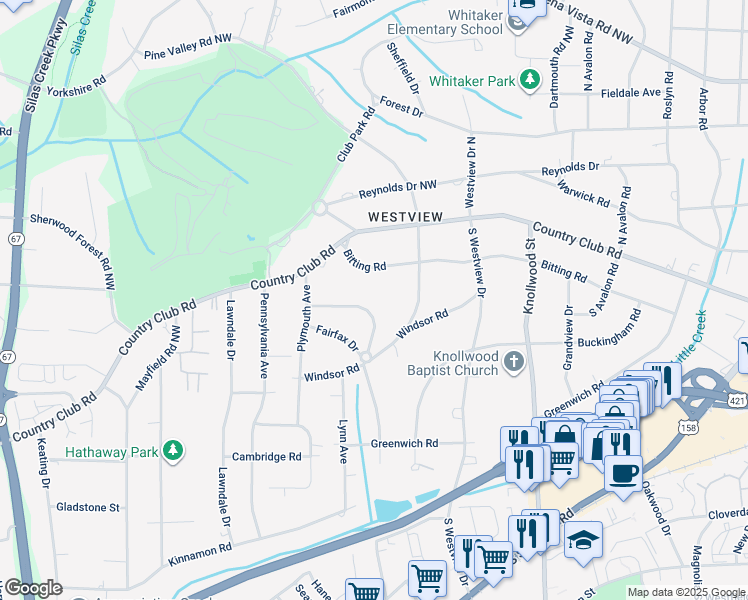 map of restaurants, bars, coffee shops, grocery stores, and more near 261 Canterbury Trail in Winston-Salem