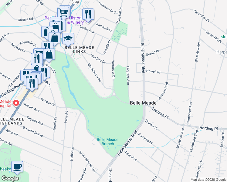 map of restaurants, bars, coffee shops, grocery stores, and more near 101 Westover Avenue in Nashville