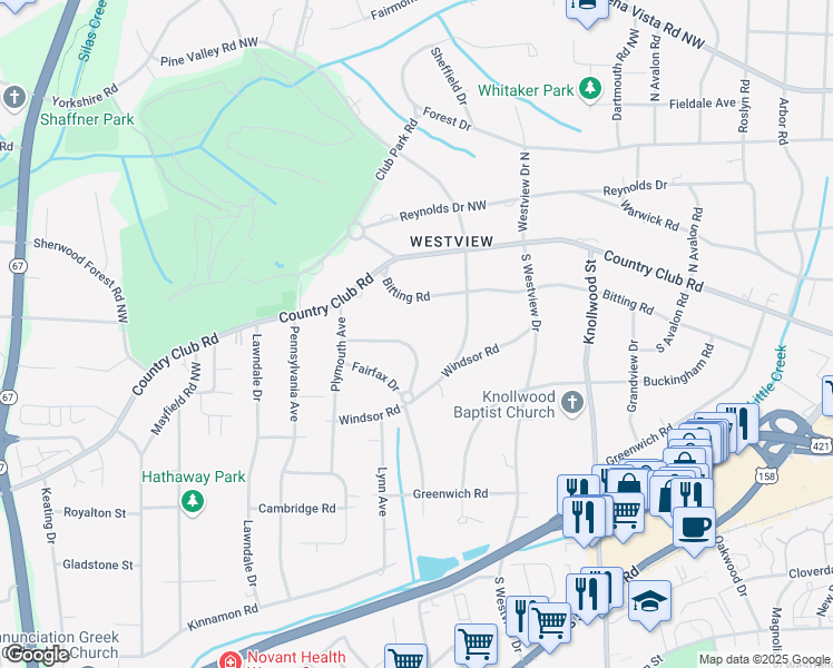 map of restaurants, bars, coffee shops, grocery stores, and more near 261 Canterbury Trail in Winston-Salem