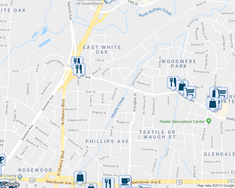 map of restaurants, bars, coffee shops, grocery stores, and more near 1902 Ryan Street in Greensboro