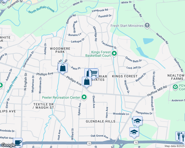 map of restaurants, bars, coffee shops, grocery stores, and more near 4 Lancer Court in Greensboro