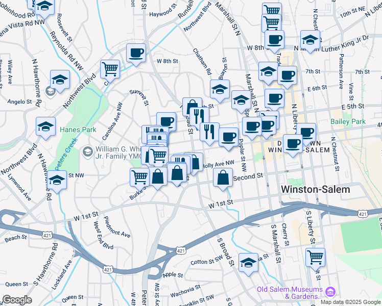 map of restaurants, bars, coffee shops, grocery stores, and more near 810 West 4th Street in Winston-Salem
