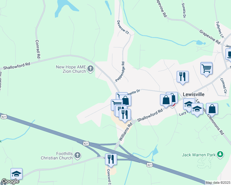 map of restaurants, bars, coffee shops, grocery stores, and more near 6890 Shallowford Road in Lewisville