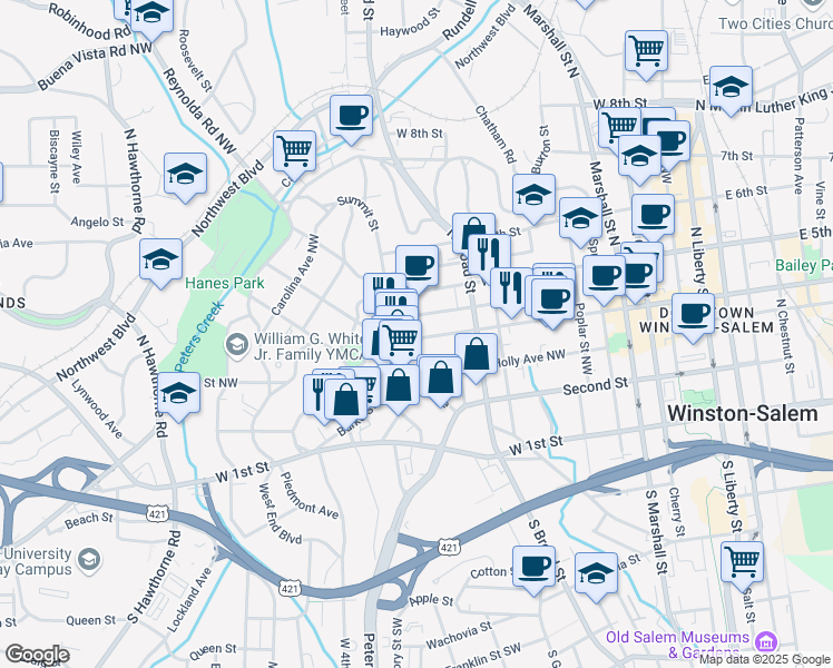 map of restaurants, bars, coffee shops, grocery stores, and more near 851 West 4th Street in Winston-Salem
