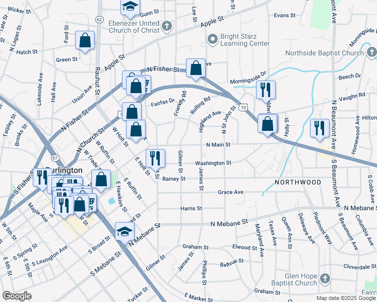 map of restaurants, bars, coffee shops, grocery stores, and more near 809 North Main Street in Burlington